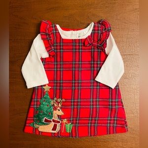 Rare Editions Plaid Christmas Dress with Reindeer and Tree Appliqué